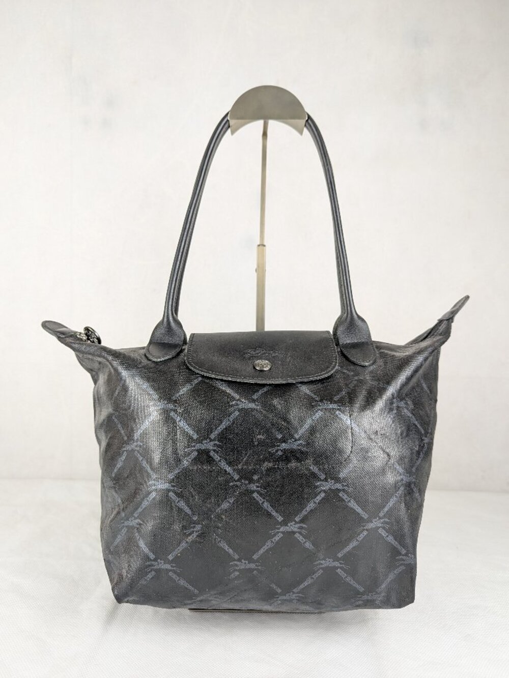 Longchamp Le Pliage Black Leather Tote Handbag Designer Shoulder Bag Travel Used
